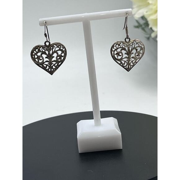 Vintage Signed Estate Hammered 925 Sterling Silver Filigree Heart Shaped Dangle - Picture 4 of 8